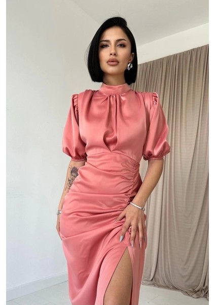 Pudra Büzgülü Saten Elbise fiyatları