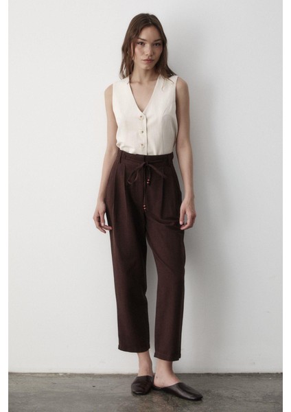 Kadın Yüksel Bel Boncuklu Bağcıklı Keten Pantolon