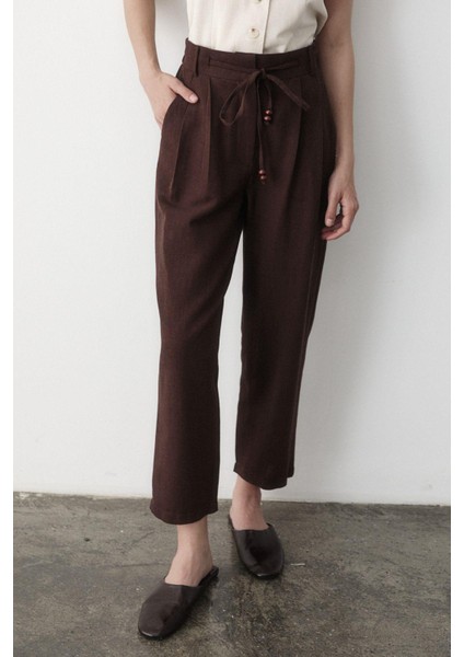 Kadın Yüksel Bel Boncuklu Bağcıklı Keten Pantolon fiyatları