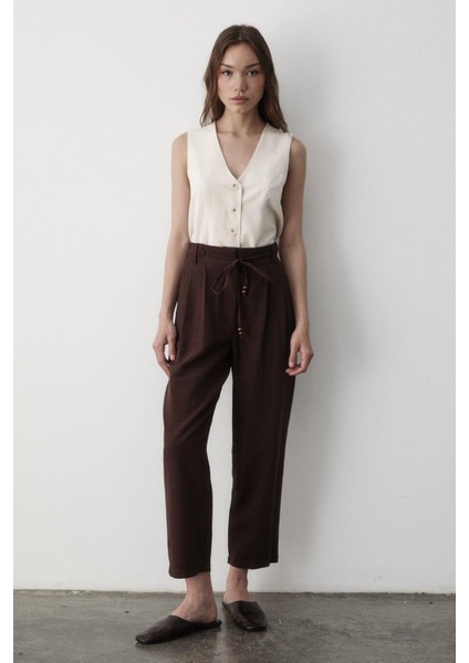 Kadın Yüksel Bel Boncuklu Bağcıklı Keten Pantolon modelleri