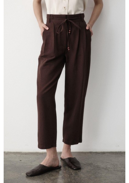 Kadın Yüksel Bel Boncuklu Bağcıklı Keten Pantolon fırsatları