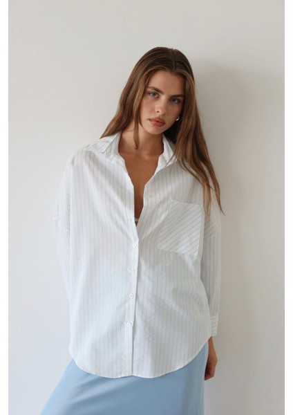 Kadın Gri Çizgili Düğmeli Cep Detaylı Çizgili Oversize Gömlek fiyatları