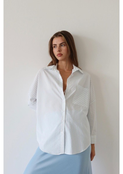 Kadın Gri Çizgili Düğmeli Cep Detaylı Çizgili Oversize Gömlek modelleri