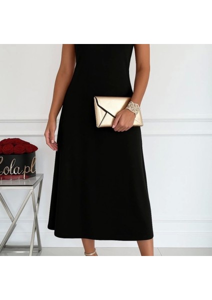 Kadın Sıfır Kollu Bisiklet Yaka Midi Viskon Iki Iplik Elbise