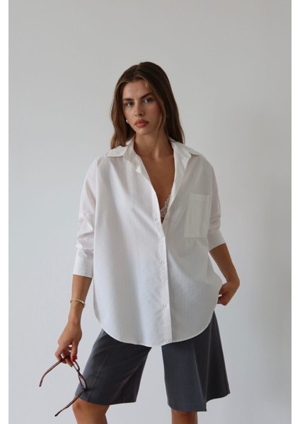 Kadın Gri Çizgili Düğmeli Cep Detaylı Çizgili Oversize Gömlek