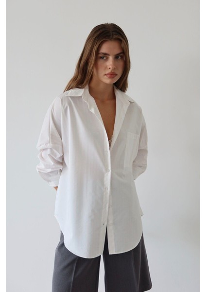 Kadın Gri Çizgili Düğmeli Cep Detaylı Çizgili Oversize Gömlek modelleri