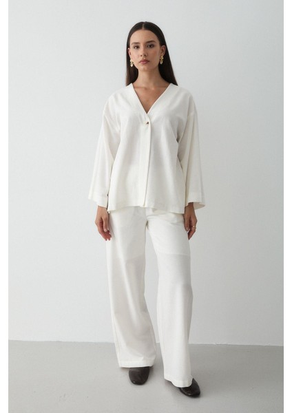 Kadın Beyaz Düğmeli V Yaka Kimono & Beli Lastikli Pantolon Keten Alt & Üst Takım
