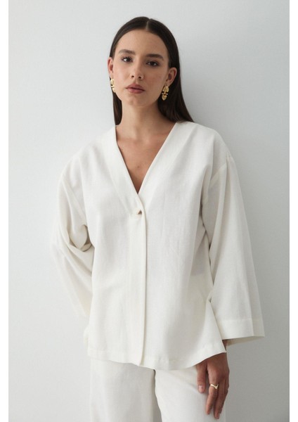 Kadın Beyaz Düğmeli V Yaka Kimono & Beli Lastikli Pantolon Keten Alt & Üst Takım fiyatları