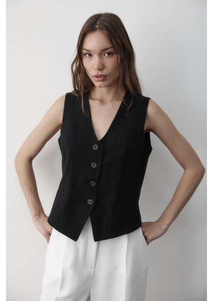 Kadın Astarlı Düğme Detaylı Keten Yelek