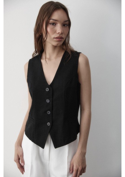 Kadın Astarlı Düğme Detaylı Keten Yelek modelleri