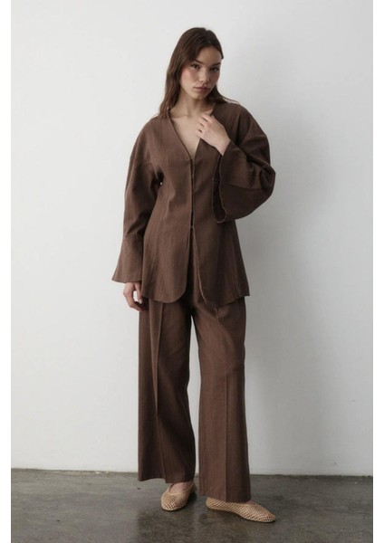 Kadın V Yaka Gizli Düğmeli Üst & Lastikli Pantolon Keten Alt & Üst Takım