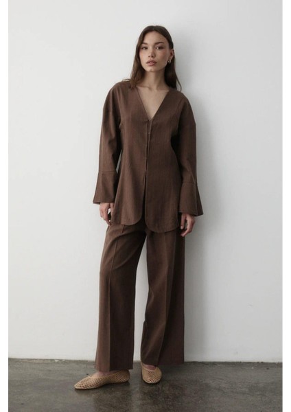 Kadın V Yaka Gizli Düğmeli Üst & Lastikli Pantolon Keten Alt & Üst Takım fiyatları