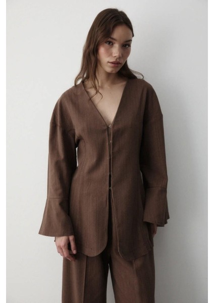 Kadın V Yaka Gizli Düğmeli Üst & Lastikli Pantolon Keten Alt & Üst Takım fırsatları