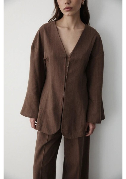 Kadın V Yaka Gizli Düğmeli Üst & Lastikli Pantolon Keten Alt & Üst Takım indirimleri