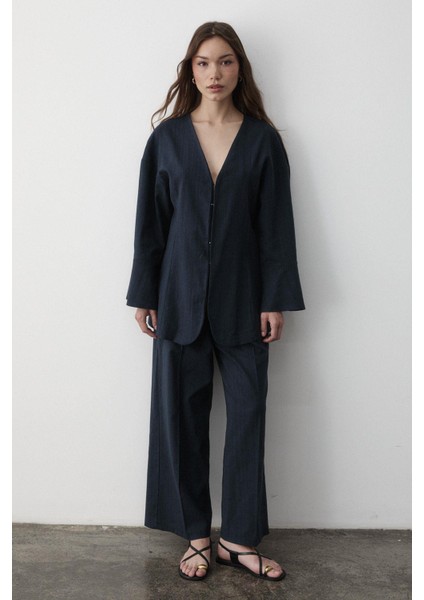 Kadın V Yaka Gizli Düğmeli Üst & Lastikli Pantolon Keten Alt & Üst Takım