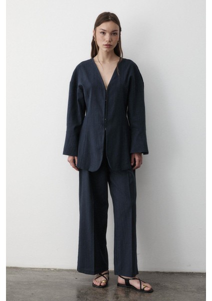 Kadın V Yaka Gizli Düğmeli Üst & Lastikli Pantolon Keten Alt & Üst Takım modelleri