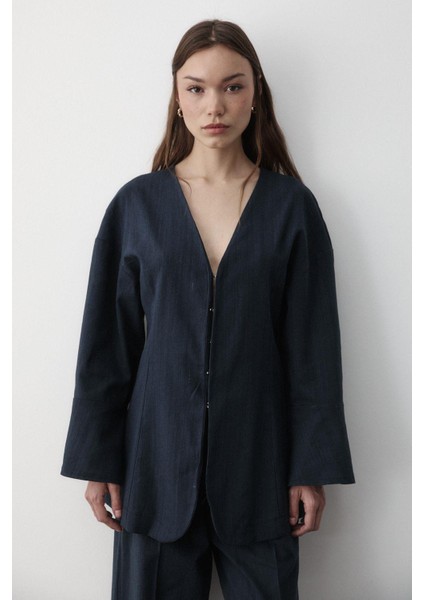 Kadın V Yaka Gizli Düğmeli Üst & Lastikli Pantolon Keten Alt & Üst Takım fırsatları