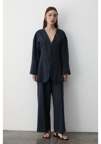 Kadın V Yaka Gizli Düğmeli Üst & Lastikli Pantolon Keten Alt & Üst Takım indirimleri