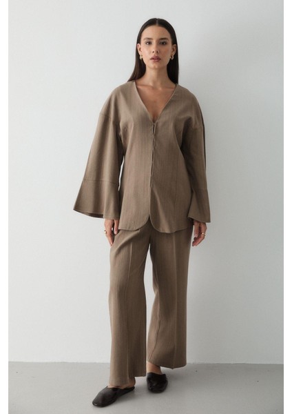 Kadın V Yaka Gizli Düğmeli Üst & Lastikli Pantolon Keten Alt & Üst Takım