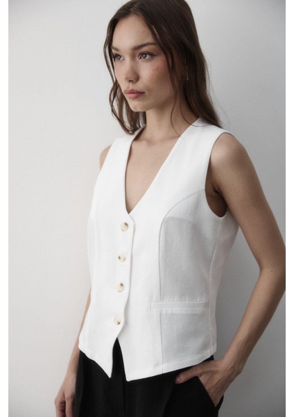 Kadın Astarlı Düğme Detaylı Keten Yelek modelleri