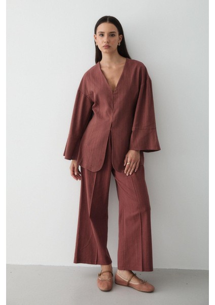 Kadın V Yaka Gizli Düğmeli Üst & Lastikli Pantolon Keten Alt & Üst Takım