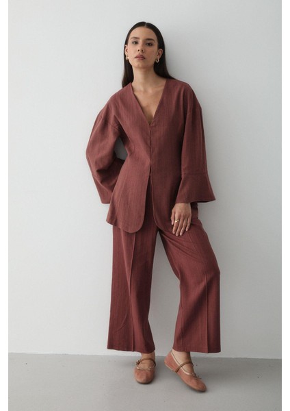 Kadın V Yaka Gizli Düğmeli Üst & Lastikli Pantolon Keten Alt & Üst Takım fiyatları