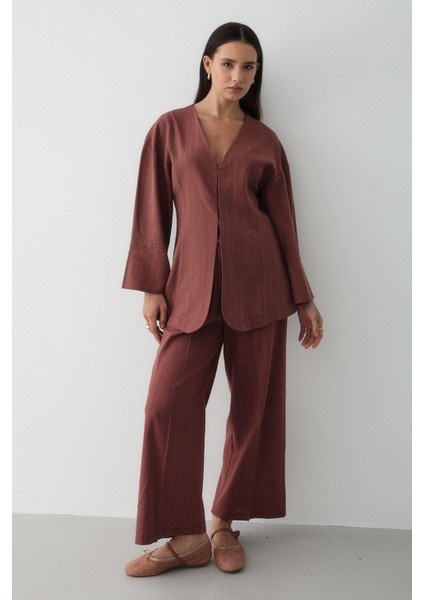 Kadın V Yaka Gizli Düğmeli Üst & Lastikli Pantolon Keten Alt & Üst Takım modelleri