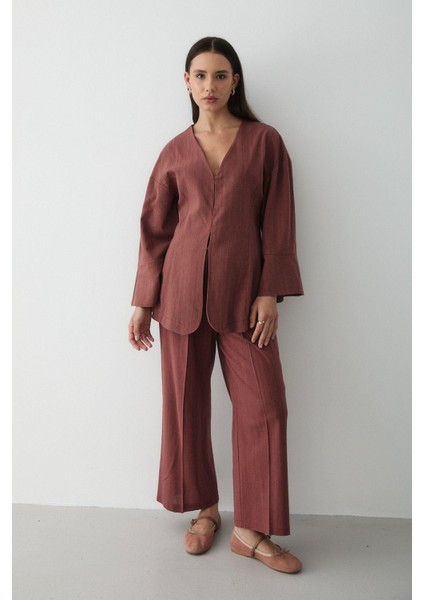 Kadın V Yaka Gizli Düğmeli Üst & Lastikli Pantolon Keten Alt & Üst Takım fırsatları