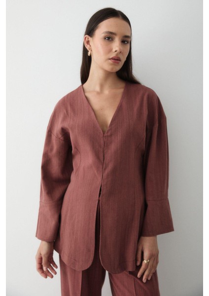 Kadın V Yaka Gizli Düğmeli Üst & Lastikli Pantolon Keten Alt & Üst Takım indirimleri