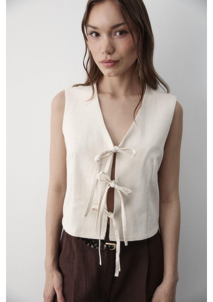 Kadın Bağlamalı Keten Yelek modelleri