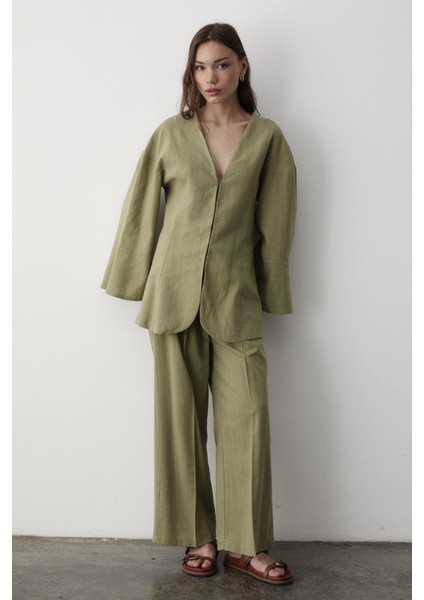 Kadın V Yaka Gizli Düğmeli Üst & Lastikli Pantolon Keten Alt & Üst Takım
