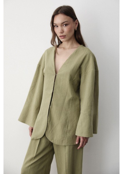 Kadın V Yaka Gizli Düğmeli Üst & Lastikli Pantolon Keten Alt & Üst Takım fiyatları