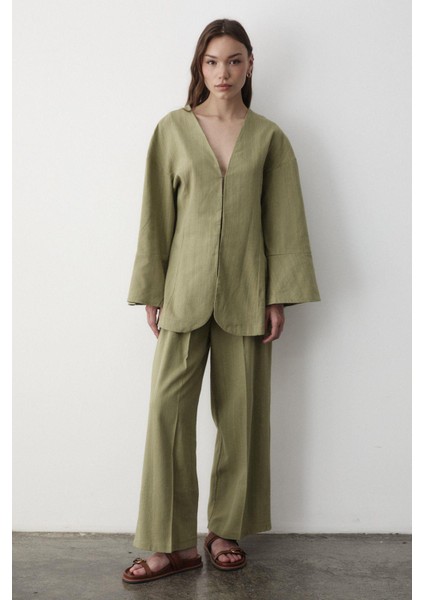 Kadın V Yaka Gizli Düğmeli Üst & Lastikli Pantolon Keten Alt & Üst Takım modelleri