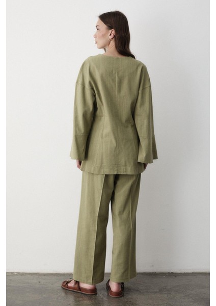 Kadın V Yaka Gizli Düğmeli Üst & Lastikli Pantolon Keten Alt & Üst Takım fırsatları