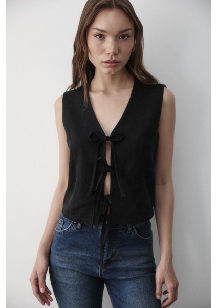 Kadın Bağlamalı Keten Yelek modelleri