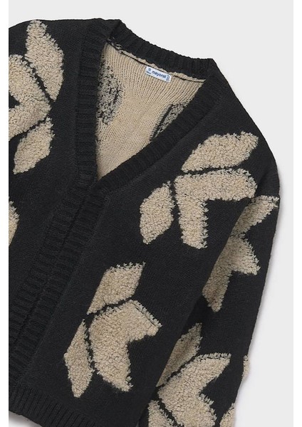 Kız Çocuk V Yaka Jakar Desenli Triko Hırka - Siyah/bej modelleri