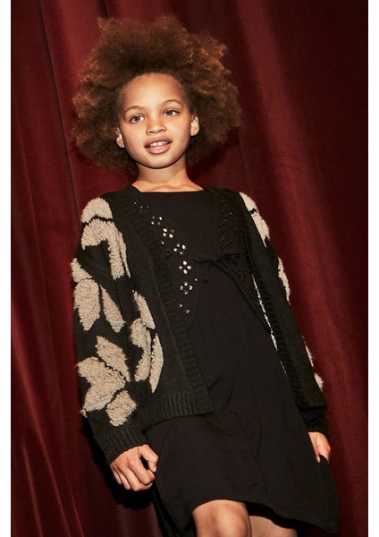 Kız Çocuk V Yaka Jakar Desenli Triko Hırka - Siyah/bej fırsatları