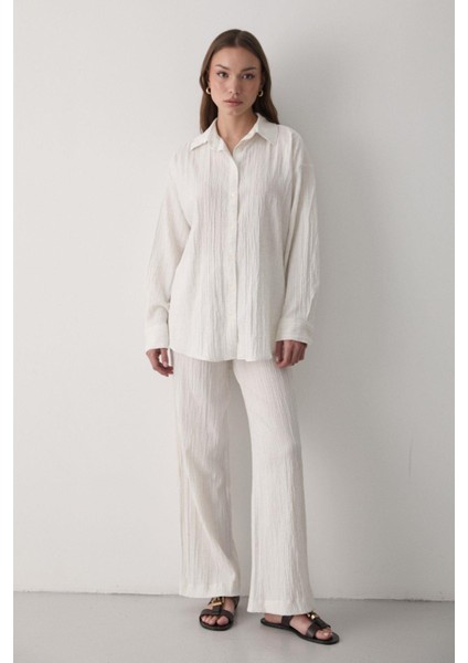 Kadın Ekru Oversize Keten Gömlek & Pantolon Takım Bağcıklı