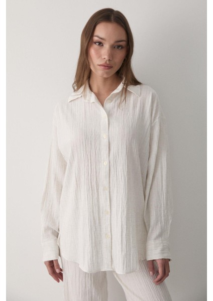 Kadın Ekru Oversize Keten Gömlek & Pantolon Takım Bağcıklı fiyatları