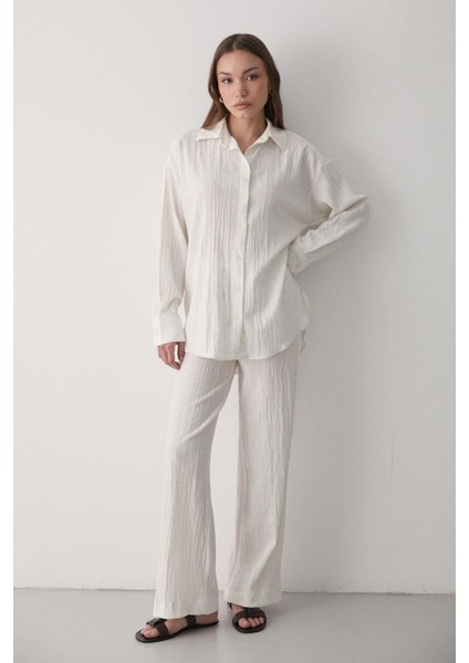 Kadın Ekru Oversize Keten Gömlek & Pantolon Takım Bağcıklı modelleri