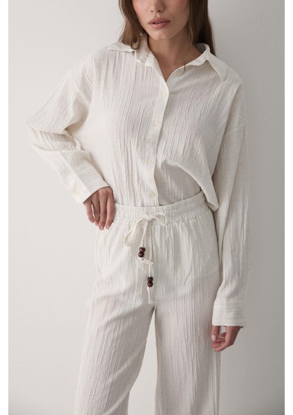 Kadın Ekru Oversize Keten Gömlek & Pantolon Takım Bağcıklı fırsatları