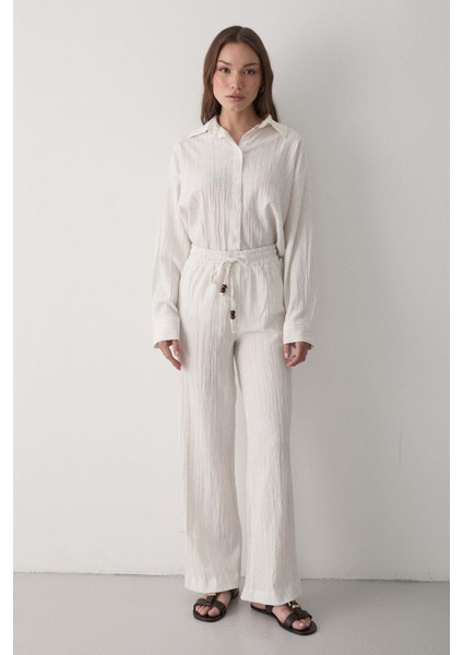 Kadın Ekru Oversize Keten Gömlek & Pantolon Takım Bağcıklı indirimleri