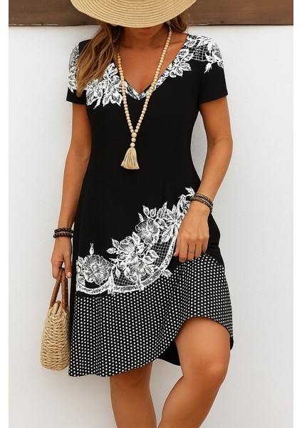 Kadın Kısa Kollu V Yakalı Çiçek Baskılı Süprem Elbise