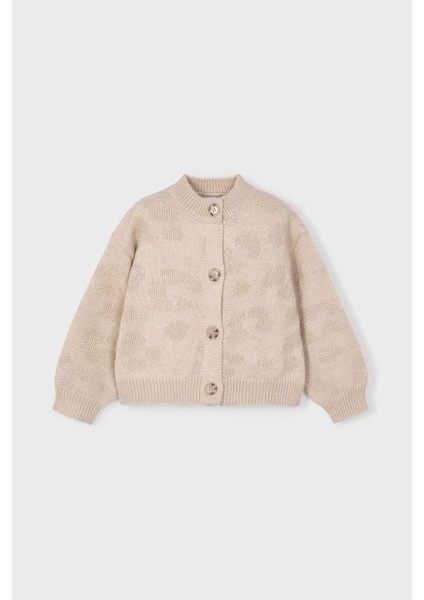 Kız Çocuk Balon Kol Jakar Desenli Triko Hırka - Bej