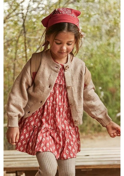 Kız Çocuk Balon Kol Jakar Desenli Triko Hırka - Bej fırsatları