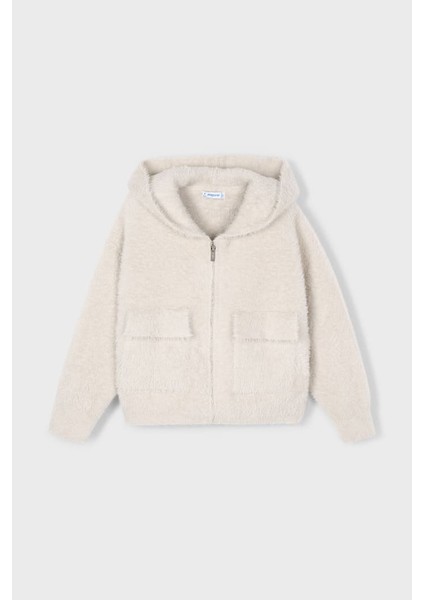 Kız Çocuk Kapüşonlu Cepli Pelüş Hırka - Ekru