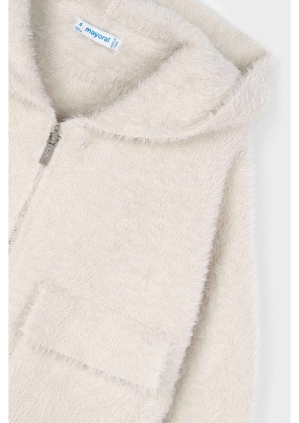 Kız Çocuk Kapüşonlu Cepli Pelüş Hırka - Ekru modelleri