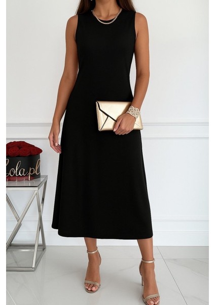 Kadın Sıfır Kollu Bisiklet Yaka Midi Viskon Iki Iplik Elbise