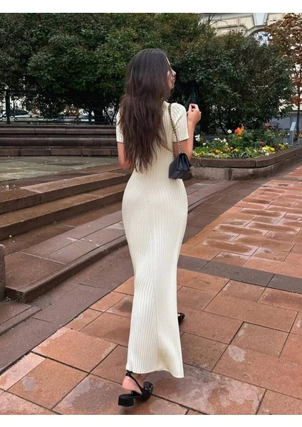 Kadın Kısa Kollu Yakalı Önden Düğmeli Maxi Triko Elbise modelleri