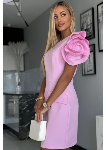 Kadın Kısa Gül Detaylı Kollu Bisiklet Yaka Cepli Mini Atlas Elbise